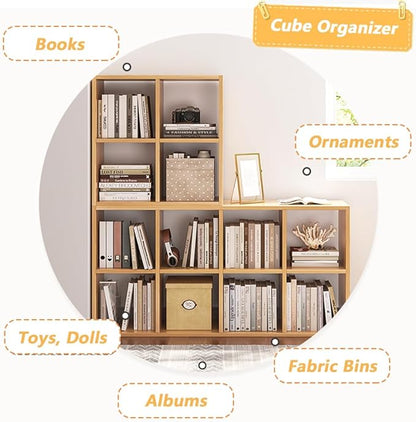 8 Cube Organizer Bookcase - Fabric Storage Bins Container, Open Shelf Simple Compartments Bookshelf, Oak