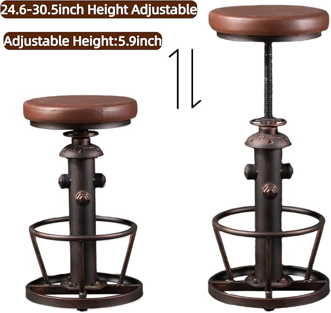 Vintage Swivel Bar Stools Industrial Leather Seat Bar Stool Fire Hydrant Design Kitchen Dinning Chair 24-30inch Height Adjustable with Footrest