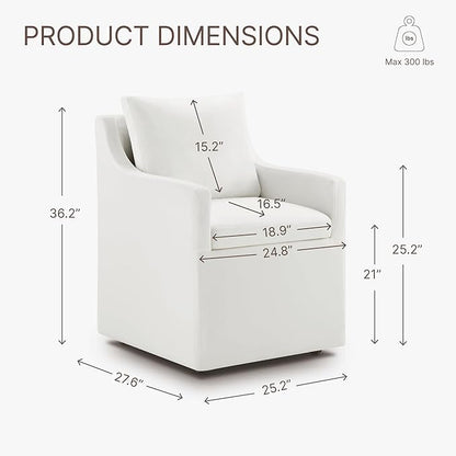 Upholstered Dining Chairs with Casters Washable Cover Side Deskchair with Rollers for Diningroom, Living Room, Cream, 4 Box