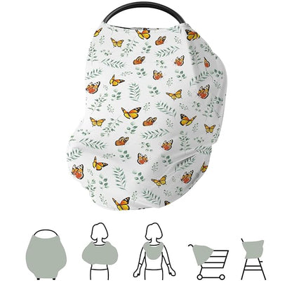 Butterflies Green Leaves Baby Car Seat Covers Spring Garden Stretchy 5-in-1 Cover Adjustable Car Canopy Cover Boho Greenery Breathable Nursing Cover-Up