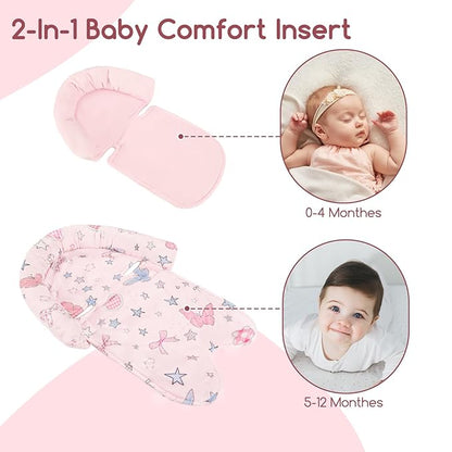 GFU Baby Car Seat Head Support for Newborn, 2 in 1 Infant Car Seat Head Body Support with Strap Pads, Soft Stroller Cushion Pillow Insert for Girls, Fits for Stroller, Swing, Pink Stars