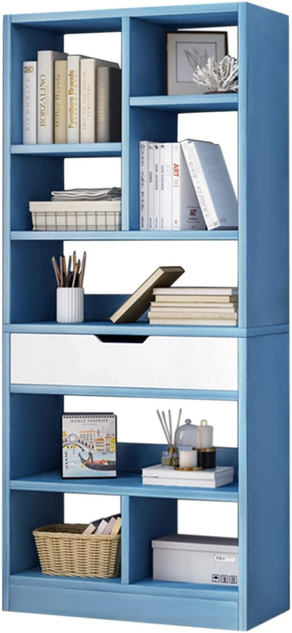 IOTXY Wooden Open Shelf Bookcase - 61" Height Freestanding Display Storage Cabinet Organizer with 8 Cubes and a Drawer, Floor Standing Bookshelf, Blue