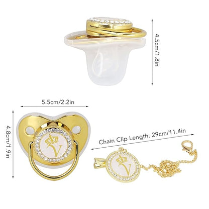 Personalized Golden Letter Baby Pacifier with Bling Design, Clips, Anti-Dust Cover for Newborn Photography