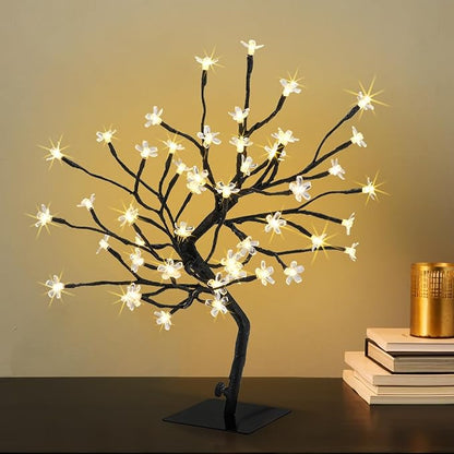 Cherry Blossom Tree Lights,Artificial Bonsai Tree with 48 Warm White LED Lights, 16.2 Inch Prelit Cherry Blossom Lamp for Christmas Party Wedding Gift Home Tabletop Decoration