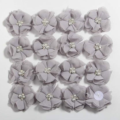 50 Pcs 2" Mini Chiffon Flowers with Rhinestones for Baby Girls Hair Accessories Artificial Fabric Flowers for Headbands Craft Projects (Grey)