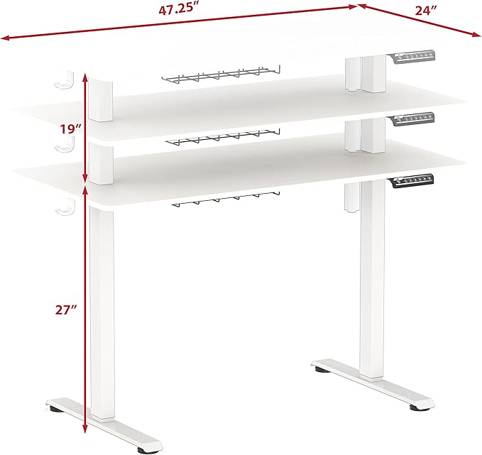 SHW 48-Inch Electric Height Adjustable Sit to Stand Desk with Hanging Hooks and Cable Management, White Frame and White Top