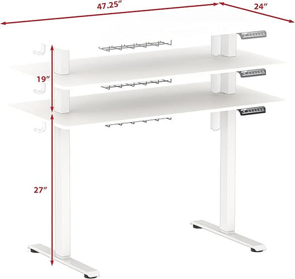 SHW 48-Inch Electric Height Adjustable Sit to Stand Desk with Hanging Hooks and Cable Management, White Frame and White Top