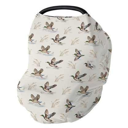 Wild Ducks Mallards Baby Car Seat Covers Vintage Duck Hunting Stretchy 5-in-1 Cover Adjustable Car Canopy Breastfeeding Cover Retro Duck Leaves Pond Breathable Nursing Cover-Up