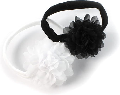 My Lello Baby Girl Rounded Petal Chiffon Flower Nylon Elastic Headbands Set 2pcs - Small - White/Black