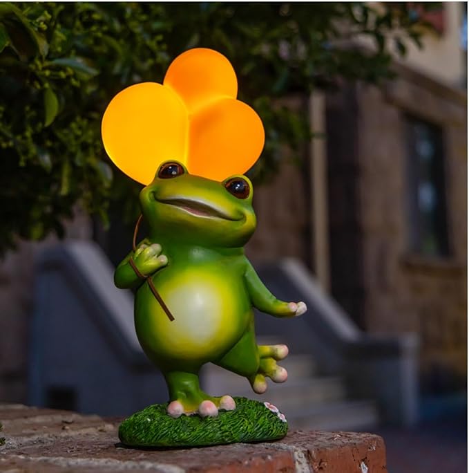 WHIMSYNOOK 11.8" Resin Frog with Balloon Solar LED Garden Statue Light, Ideal for, Porch, Lawn, Yard, Housewarming, or Birthday Gifts for Mom, Family, and Froggy Lovers