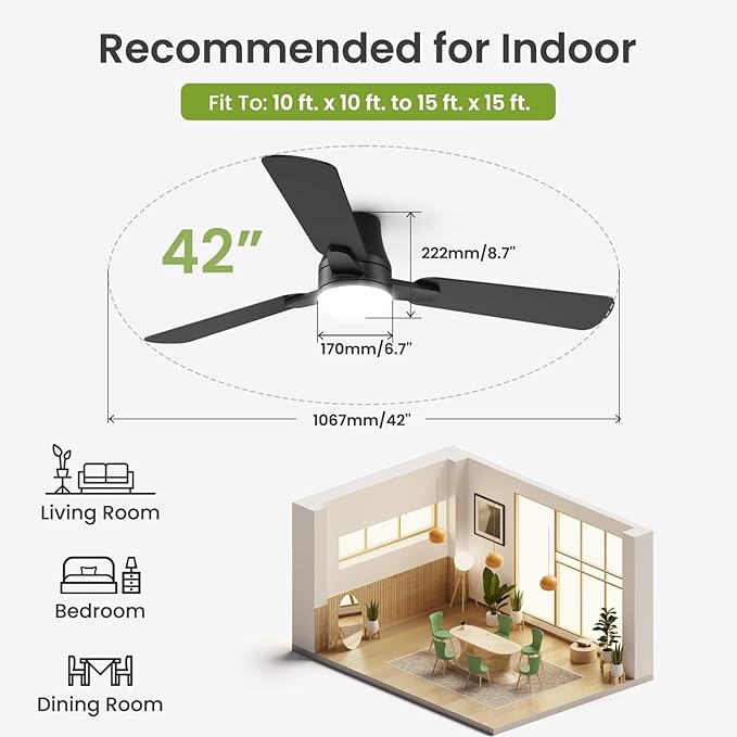 OSTIVE Ceiling Fans with Lights and Remote: 42 Inch Modern Ceiling Fan, Low Profile Flush Mount, Quiet Reversible DC Motor & 3CCT Dimmable LED for Bedroom Living Room Kitchen Indoor Outdoor (Black)