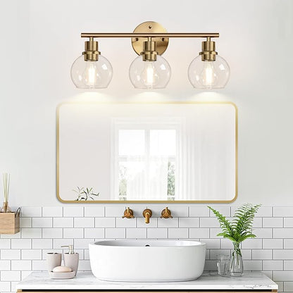 Indoi 3-Light Bathroom Light Fixtures, Brushed Brass Bathroom Lights Over Mirror with Clear Glass Globe Shade, Vanity Lights for Bathroom Kitchen Living Room Hallway Cabinet Bedroom Porch