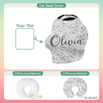 Custom Name Car Seat Canopy - Baby Car Seat Covers, Infant Stroller Cover, Carseat Canopy Christmas Birthday Gifts for Girls and Boys White Leaf Pattern