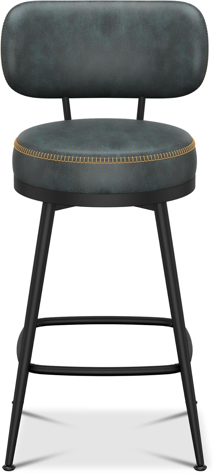 Counter Height Bar Stools, 26" H Swivel Barstools Set of 2, Faux Leather Kitchen Counter Stools with Back and Stylish Stitching, Metal Frame, Pub, Home Bar, Balck Green