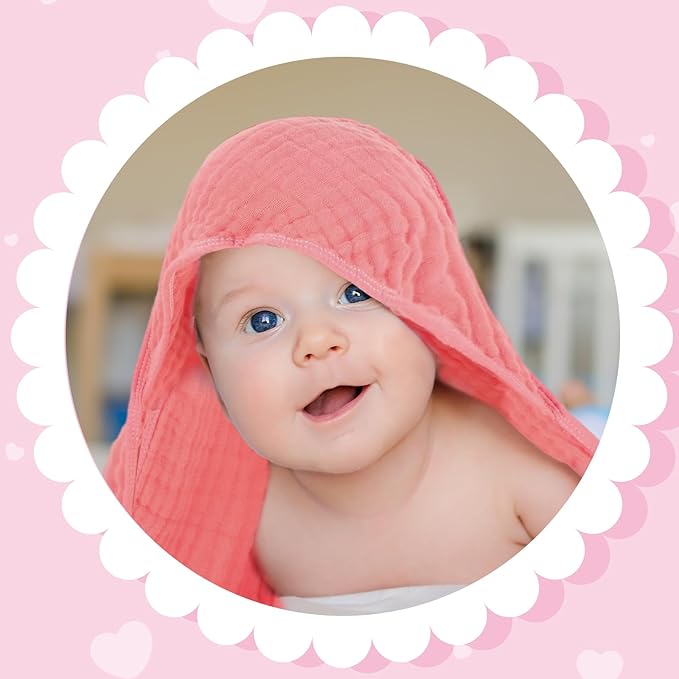 Peryiter 6 Pcs Muslin Hooded Baby Towels, 32"x 32" Cotton Newborn Bath Towel Muslin Infant Baby Blankets Absorbent Unisex Newborn Registry Gift Essentials for Girls Boys (Pink)