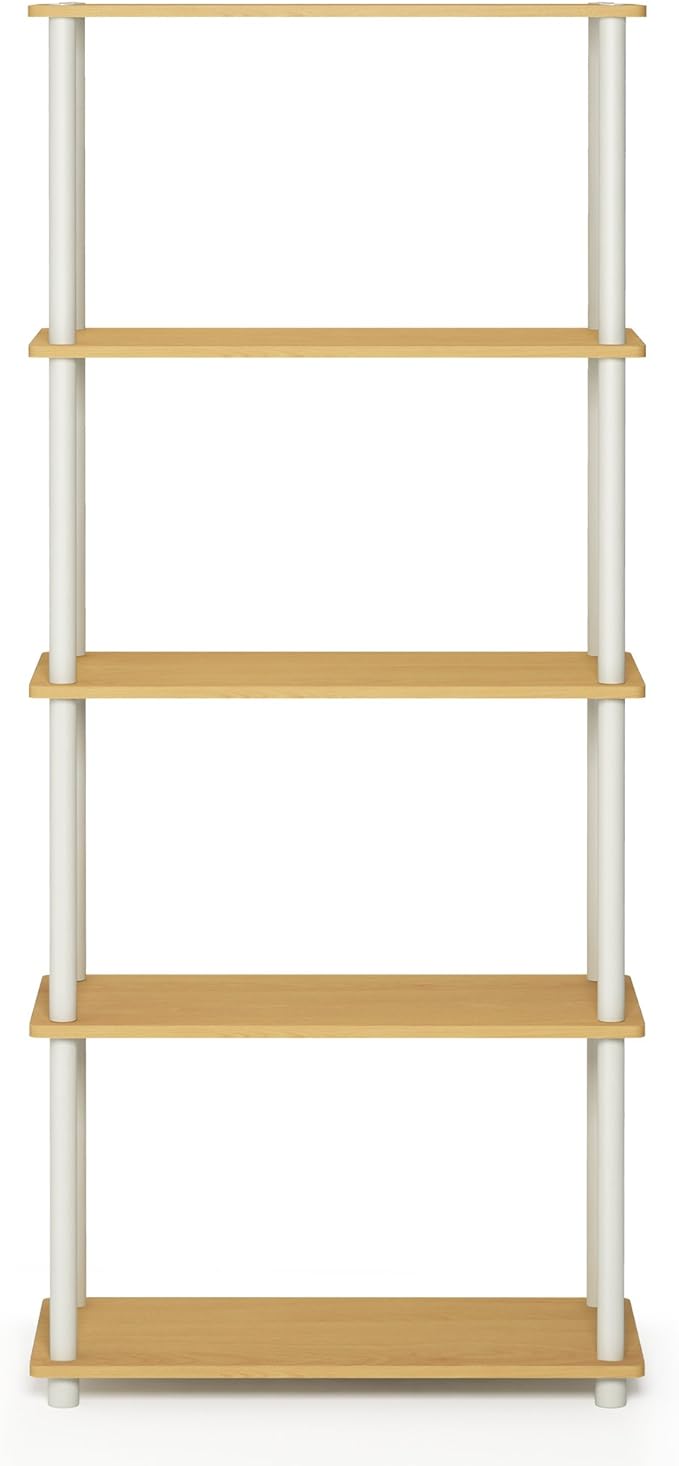Furinno Turn-N-Tube 5-Tier Multipurpose Shelf / Display Rack / Storage Shelf / Bookshelf, Round Tubes, Beech/White