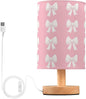 Bedside Table Lamp Cute White Bow Pink Nightstand Lamp with Wood Desk Lamps for Bedroom Living Room Nursery Office Home Decor