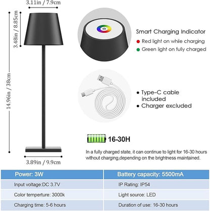 2 Pack LED Cordless Table Lamp with RGB & Stepless Dimming Rechargeable Battery Desk lamp 3W 5000mAh Battery Operated with Modern Portable Table Light for Indoor/Outdoor IP54 Waterproof (Black)