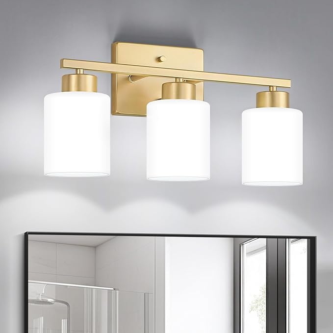 FonmYim Gold Bathroom Light Fixtures, 3-Light Modern Vanity Light Over Mirror, Wall Sconces with Milky White Frosted Glass Shades, E26 Socket (Bulbs Not Included)
