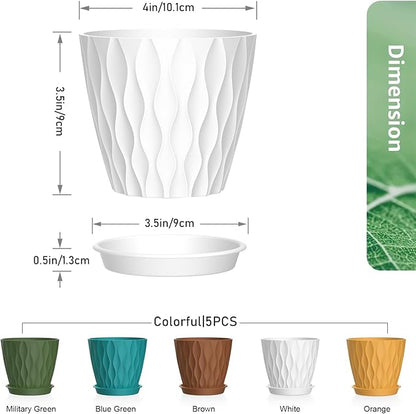 4 inch Small Plastic Nursery Pots, Seedling Pots, 5 Set Water Ripples Plant Pots for Indoor Plants, Flower Pots with Drainage Holes and Saucers, Seed Starter Pots for Succulent, Colorful