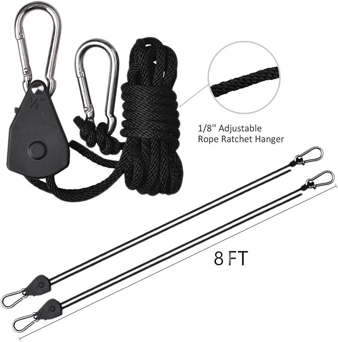 Grow Light Rope Hanger ，1/8" 8-Feet Long Heavy Duty Adjustable Rope Clip Hanger, Adjustable Rope Ratchet Hangers 150 Lbs per Pair (12 Pairs)
