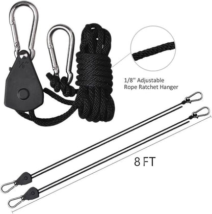 Grow Light Rope Hanger ，1/8" 8-Feet Long Heavy Duty Adjustable Rope Clip Hanger, Adjustable Rope Ratchet Hangers 150 Lbs per Pair (12 Pairs)