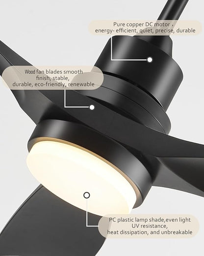 Ceiling Fan with Lights Remote Control, 52 Inch Black Ceiling Fans with 3 Downrods, 3 Blades, Timer, 6 Speed Modern Fan Quiet Reversible DC Motor for Patio Bedroom Outdoor/Indoor,52in,Black