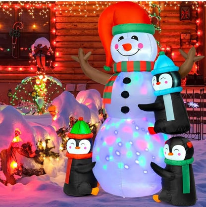 Christmas Inflatables Outdoor Decorations, Sizonjoy 6FT Snowman and Penguins Christmas Decorations with Rotating Colorful LED Lights Blow Up Yard Decorations for Lawn Garden Xmas Party