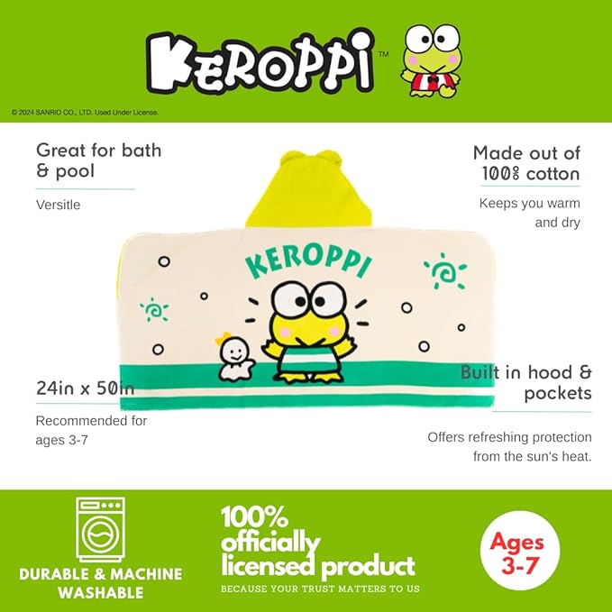Sanrio Keroppi Kids Super Soft Bath/Pool/Beach Soft Cotton Terry Hooded Towel Wrap, 24 in x 50 in, (Officially Licensed Product) by Franco