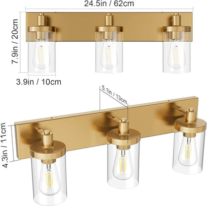 Aipsun Gold Vanity Light 3 Lights Bathroom Vanity Lighting Fixtures Over Mirror Bathroom Wall Light with Clear Glass Shade(Exclude Bulb)