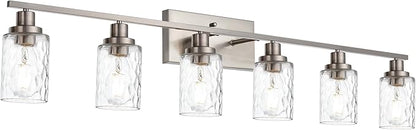 MELUCEE 6-Light Bathroom Vanity Light Brushed Nickel Finish with Clear Hammered Glass Shade, Industrial Wall Light Fixtures for Bath Mirror Bedroom Dressing Table (Patent No.: US D963914 S)