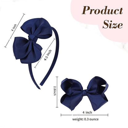 Bow Headband & 2 Pcs 4 Inch Hair Bows Set, Black School Hair Accessories for Little Toddler School Girls (Navy)