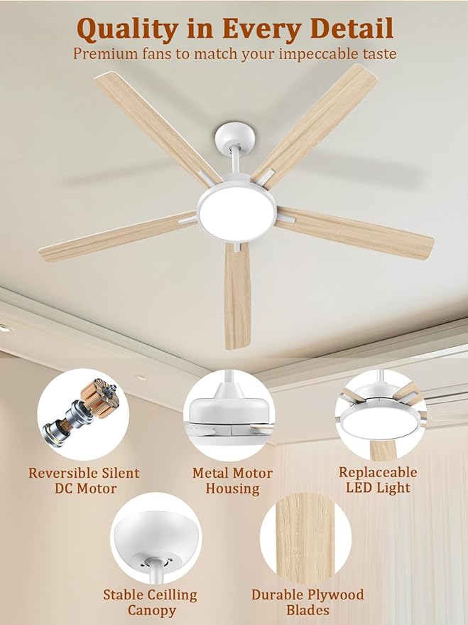TALOYA Large Ceiling Fans with Lights and Remote, Reversible Quiet DC Motor, 6 Speeds, 3CCT, Dimmable, 62 inch White Modern Ceiling Fan for Patios, Living room, Bedroom, Farmhouse, Indoor, Outdoor