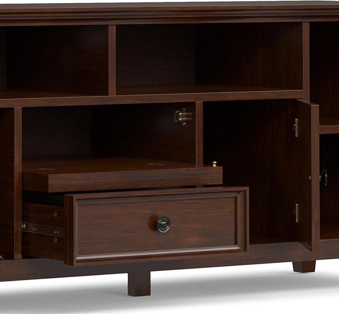 SIMPLIHOME Amherst 72-inch Wide Solid Wood TV Stand in Russet Brown, Transitional-Style Media Console for Living Room with Cable Management and Adjustable Shelves, Fits 80" TVs