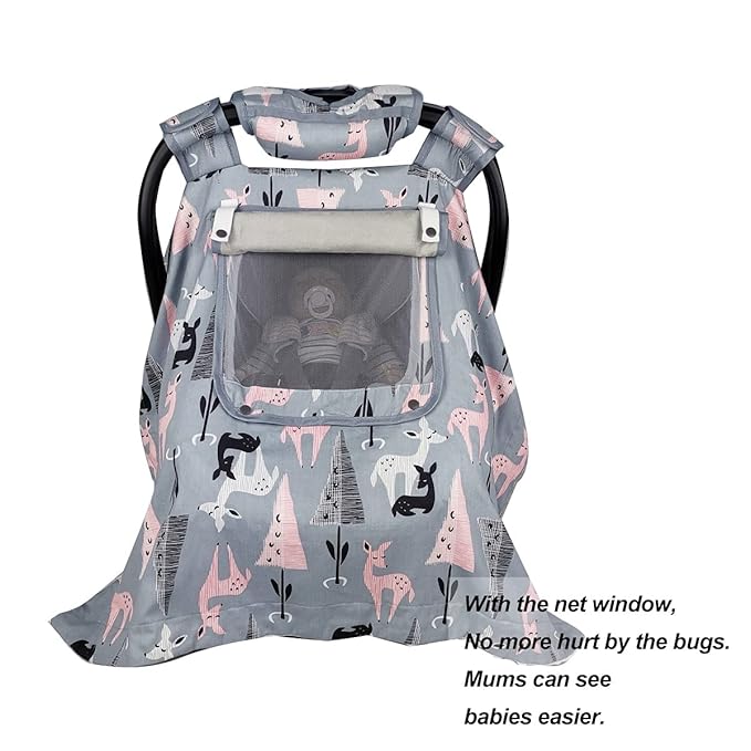 ICOPUCA Car Seat Covers for Babies Unisex Newborn, Carseat Cover Girls/boy with Handle Cushion, Suit Spring Autumn Winter, Deer, Cotton & White Minky;