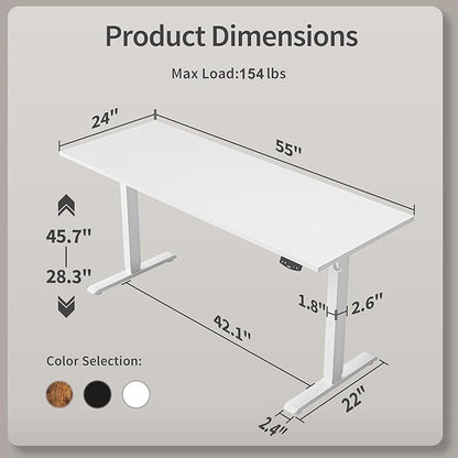 Agilestic Electric Standing Desk, 55 x 24 Inches Height Adjustable Desk, Sit Stand up for Work Office Home, Ergonomic Rising Computer Table with Memory Preset, White