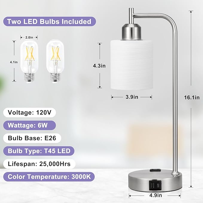 Innqoo Industrial Nickel Table Lamps for Bedrooms Set of 2-3-Way Dimmable Desk Lamp with USB C+A Ports and Outlet, Sliver Lamps with Striped White Glass Shade for Living Room