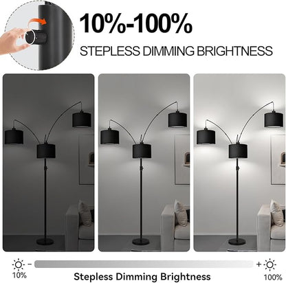 Dimmable Floor Lamp - 3 Lights Arc Floor Lamps for Living Room,Modern Tall Standing Tree Lamp with Black Linen Shade & Heavy Base,Mid Century Floor Lamp for Bedroom Corner Office, 3 LED Bulbs Included