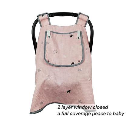 ICOPUCA Car seat Covers for Babies, Muslin carseat Cover Girls, carseat Canopy with Window, Light Weight, fit Summer/Autumn/Spring, Pink Crown, Perfect for gils;