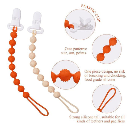 4 Pcs Brown Baby Silicone Teething Pacifier Clip,One-piece Design,Round Shape,Textured Surface,BPA Free.