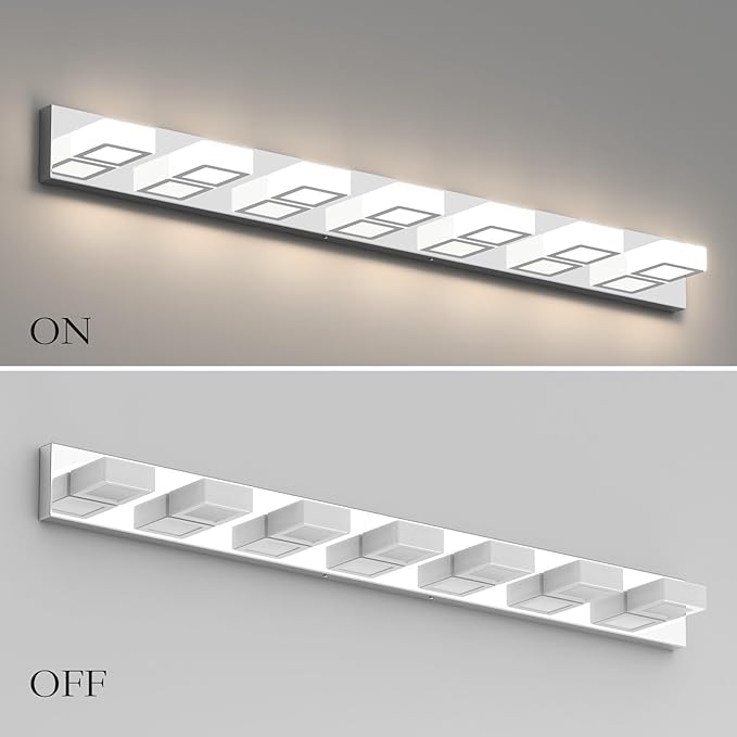 Ralbay 46" LED Chrome Vanity Lights 7 Lights Acrylic Stainless Steel LED Modern Vanity Lights Chrome Bathroom Lighting Fixtures Over Long Mirror (Natural White Light 4500K)
