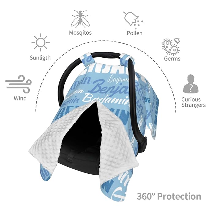 Personalized Baby Car Seat Canopy for Babies, Custom Name Baby Car Seats Covers for Boys Girls, Opening Minky Nursing Breastfeeding Cover for Infant, Carseat Canopies for Newborn (Sky)