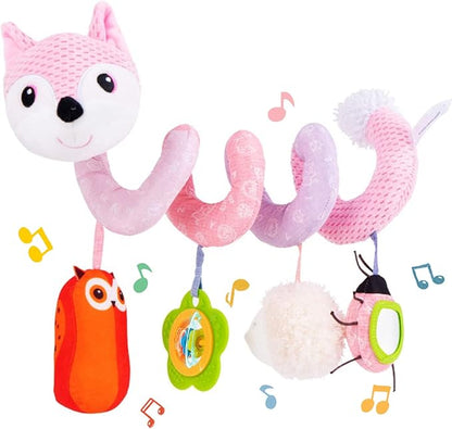 Koty Car Seat Toys, Infant Baby Spiral Plush Activity Hanging Toy for Stroller Bar Pram Crib with Music Box BB Squeaker & Rattles(Pink Fox)