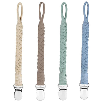 4 Pcs Pacifier Clip, Pacifier Clips for Boys & Baby Girls Pacifier Holder Clip Binky Clips Braided 100% Handmade Fits All Pacifiers(Blue, 4 Pack)