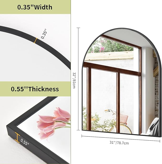 BEAUTYPEAK 31"x32" Arch Bathroom Mirror, Wall Mounted Vanity Metal Frame Mirror for Bedroom, Entryway, Living Room, Black