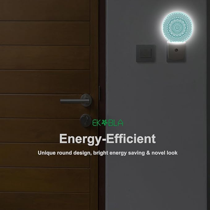 EKOBLA Mandala Plug-in Night Light, Teal Green Floral Mandala LED Nightlight with Dusk to Dawn Sensor for Kids, Adults & Grandparents