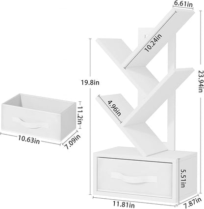 Small Bookshelf with Drawer,4 Tier Tree Book Shelf,Wood Desk Bookshelves,Modern Free Standing Desktop Display Shelves,White Floor Standing Organizer Bookcase for Living Room,Bedroom,Office