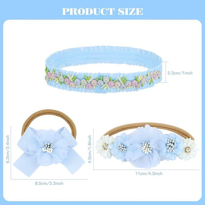 Dizila 6 Pieces Super Soft Stretchy Purple Light Blue Baby Girl Bow Flower Nylon Headbands Floral Lace Headbands Hair Accessories for Newborns Infants Toddlers Girls Kids