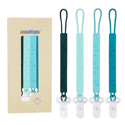 One Piece Design Silicone Pacifier Clip Holder for Baby Boys and Girls,Pack of 4 Flexible Paci Leash,Binky Clips,Newborn Essentials (Sun & Cloud & Rainbow, Green)