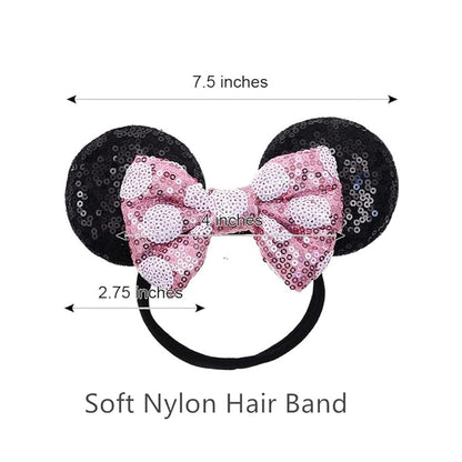 JIAHANG Mouse Ears Sequin Bow Hairband with Polka Dot, Hair Bow Nylon Headband, Soft Elastic Headwear for Baby Girl Newborn Party Supplies